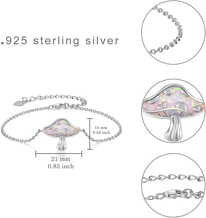TYSO Mushroom Bracelet 925 Sterling Silver White/Pink/Blue Opal Mushroom Bracelet Jewelry Gift for Women