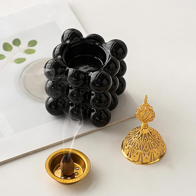 Ceramic Cube Golden Incense Burner Handheld Eid Incense Burner Middle East Arabian Festival Incense Holder Home Decoration Ornament Aromatherapy Furnace (Black)