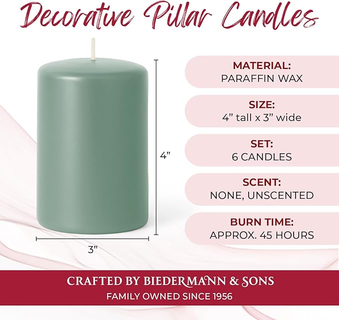 Biedermann & Sons Dripless Unscented Pillar Candles, 45-Hour Burn Time, Seafoam Green, 3 x 4 Inch - Set of 7