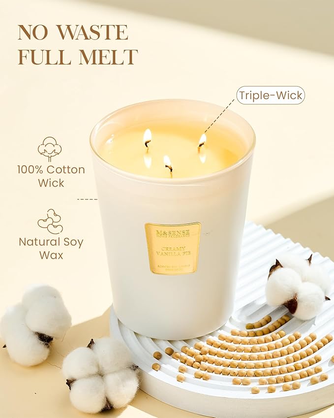 M&SENSE Extra Large Candle Creamy Vanilla Scented, 3-Wick 35oz 150H Long Lasting, Natural Soy Wax Aromatherapy Candle for Stress Relief, Home Fragrance Housewarming Gifts Candle for Home Decor