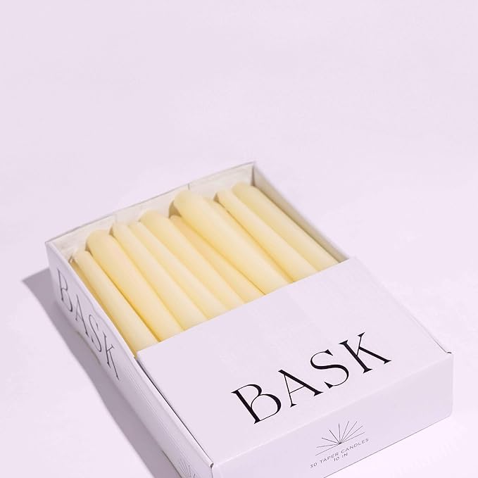 Bask 10-inch Taper Candles - Unscented and Dripless - Burns for 8 Hours - Home Decor for Dinner Table, Kitchen, and Bedroom - Perfect for a Romantic Date or Anniversary - 30-Pack - Ivory