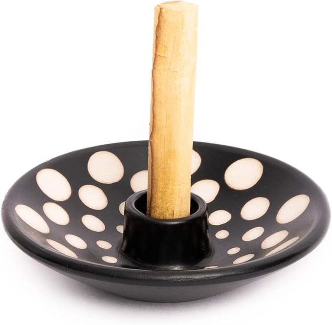 Luna Sundara Authentic Peru Pottery Palo Santo Stick Holder and Incense Holder Includes 5 Palo Santo Sticks Handmade Ceramic Smudge Bowl Sage Holder Palo Santo Holder (Black and White Polka)