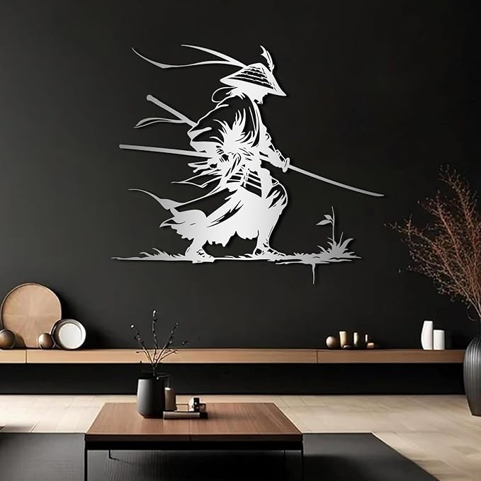 Samurai Metal Wall Art, Japanese Samurai Metal Wall Decor, Japanese Wall Art, Ninja Warrior Wall Decor, Gifts for Japan Lover, Wall Decoration for Living Room (Silver, 28"x24"/70x61cm, metal wall art)
