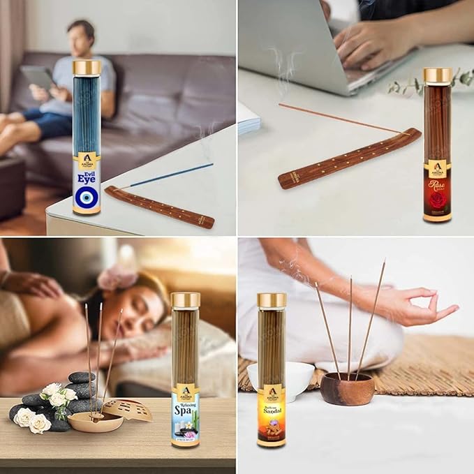 The Aroma Factory Organic Incense Sticks Aromatic Fragrances | Rose, Mogra, Kewda & Lavender | No Charcoal, Scented Incense | Herbal Pooja Agarbatti | 4x100g Jute Bag Giftset