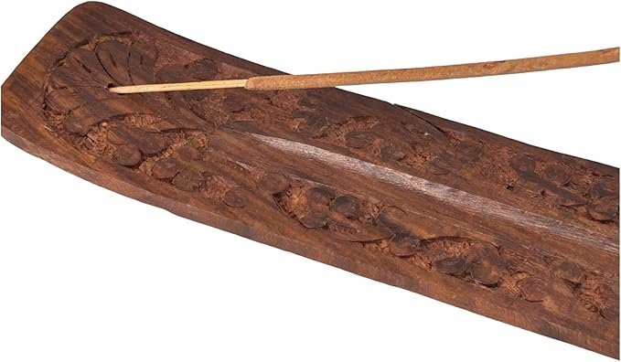 S.B ARTS Wooden Incense Holder with Floral Design - Ash Catcher, Zen Incense Burner Tray - Home Decor Gift Accessories - Yoga Meditation Stand (10 Inches Long)