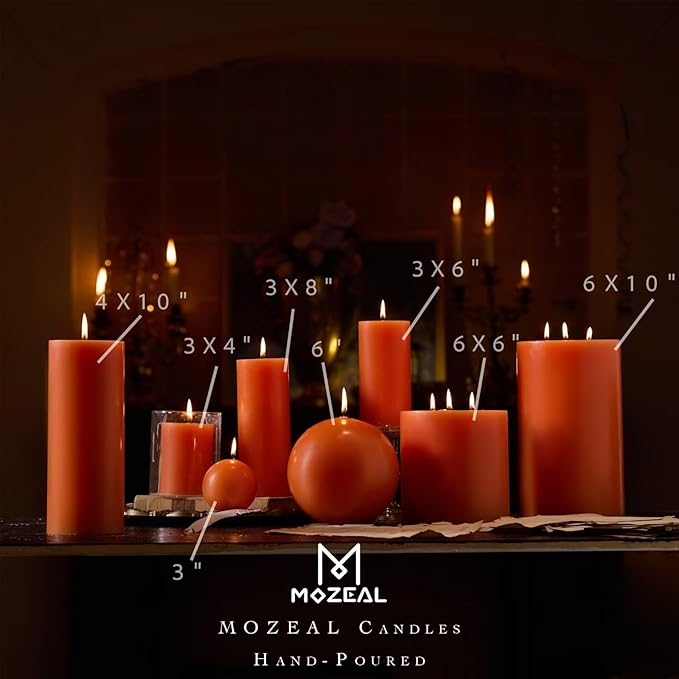 MOZEAL 4" x 10" Extra-Large Orange Pillar Candles (Set of 2), Unscented,Dripless, Smokeless,Long Clean-Burning,These Tall 10 inch Large Orange Pillar Candles Perfect for Halloween and Fall Decor