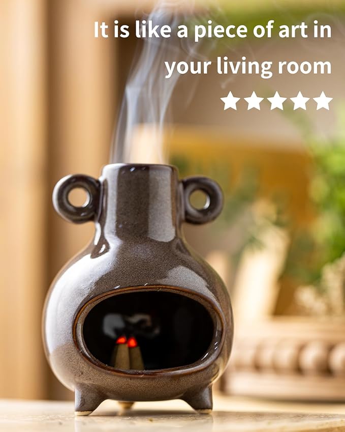 Ceramic Chiminea Palo Santo Holder, Modern Incense Holder Burner for Sticks Sage Bundles Cone Incense, Chimenea Incense Dish for Meditation Decor, Brown