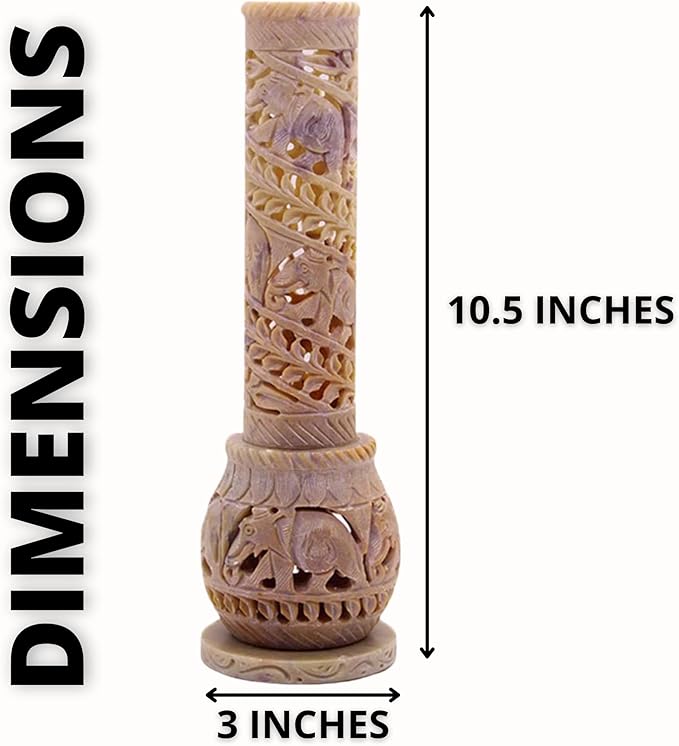 Carry Me Hand Carved Soapstone Incense Stick Holder | Candle Burner | Tea Light Stand. Elephant Jaali Carving Bottle Shape. Decorative Home and Kitchen Decor - (3x3x10.5 Inches)