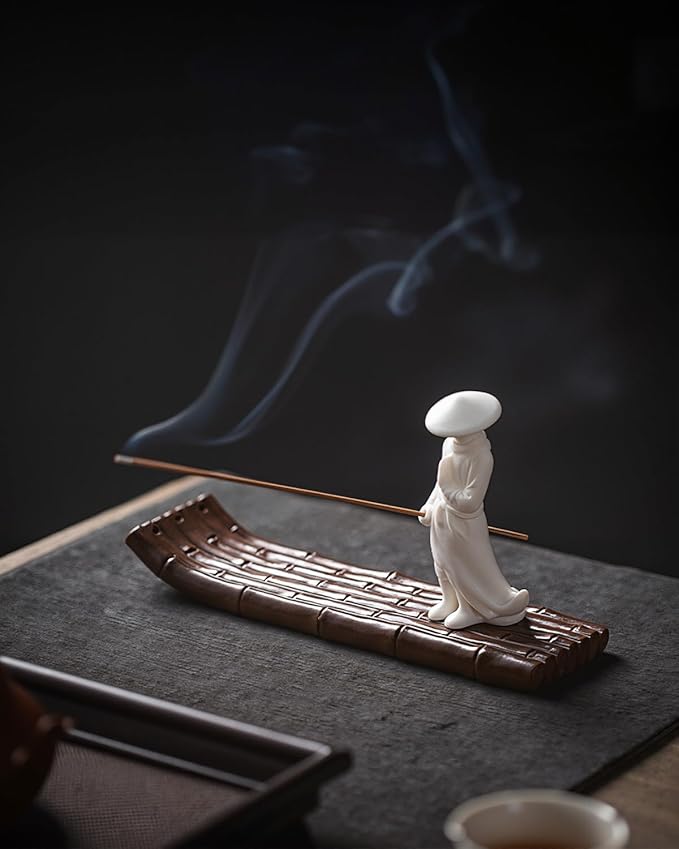 Ceramic Incense Stick Holder with Ash Catcher - Kung Fu Samurai on Bamboo Raft, Chinese & Japanese Home Decor for Meditation, Spa, Yoga
