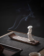 Ceramic Incense Stick Holder with Ash Catcher - Kung Fu Samurai on Bamboo Raft, Chinese & Japanese Home Decor for Meditation, Spa, Yoga