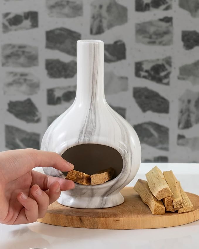 Handmade Ceramic Incense Holder，Stick & Backflow - Sage Holder for Burning ，Meditation Accessories，Easily Grab All Incense Ash (Marble)