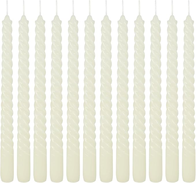 12 Pack 10 inch Ivory Spiral Taper Candles - Dripless, Smokeless, Unscented - 7 Hour Long Burning - Hand Poured Tall Candlesticks - Perfect for Dinner,Party,Wedding and Home Decoration.