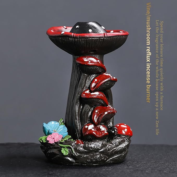 Mushroom Backflow Incense Holder, Resin Aromatherapy Decor with Smoke Cascade Effect for Home Relaxation, Meditate Stress Relief Waterfall Incense Burner Fountain with Cones Zen Room Decor