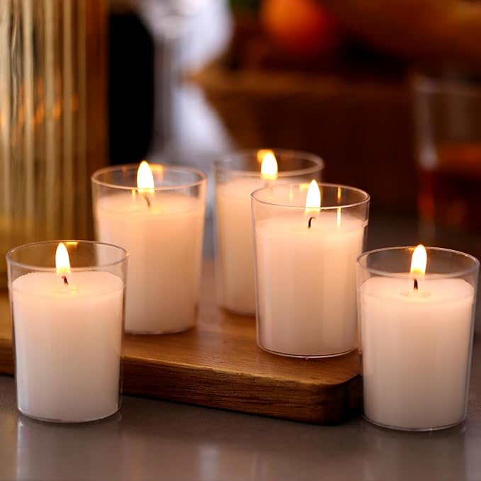 flamecan (Set of 48) Votive Candles, Unscented White Wax, for Wedding, Birthday, Party, Spa, Holiday, Home Decoration (15 Hour Burn Time)