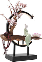 Backflow Incense Holder Incense Burner with Adjustable LED Light Ring Chinese Style Handmade Flower Censer,Compatible with Cone and Stick Incense (C)