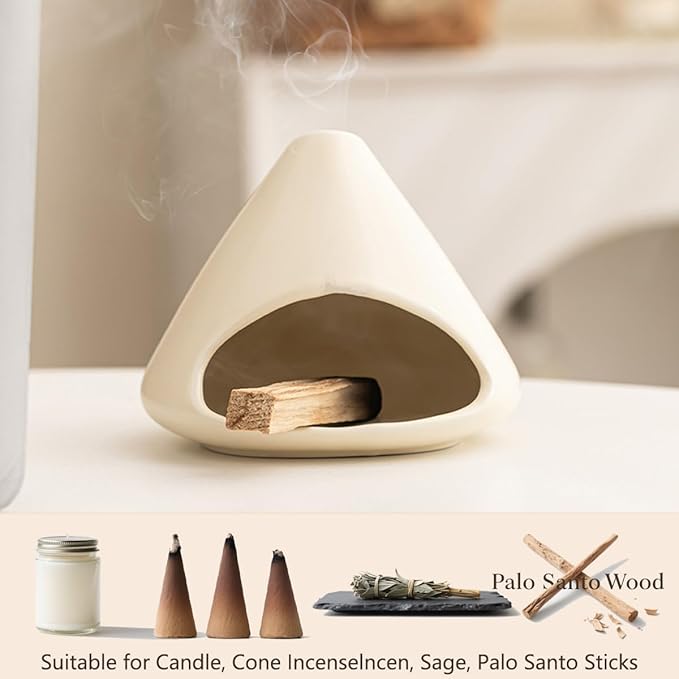 Ceramic Palo Santo Burner, Mini Chimney Incense Holder with Ash Catcher, Aromatherapy Meditation Home Decor for Anxiety Relief, White