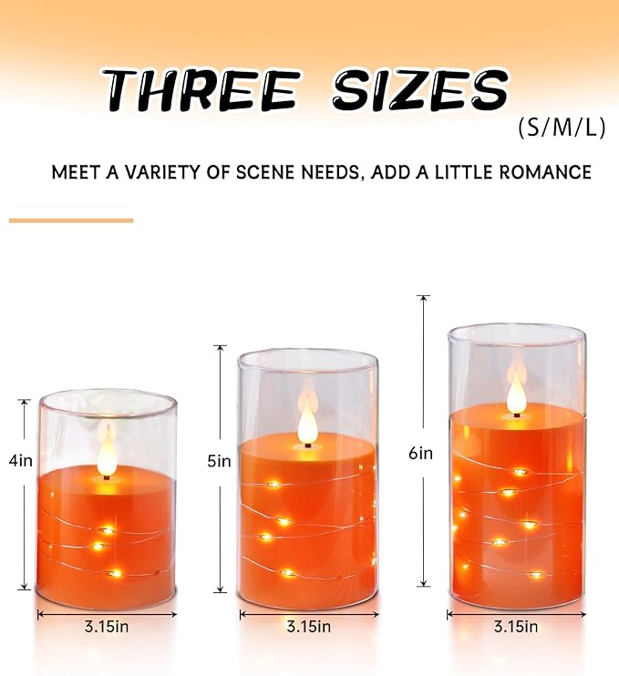 Flashing Flameless Candles with String Light, Battery Powered Candle, Recessed String LED Candle, Indestructible Plexiglass Candles with Remote Control, Set of 3, Orange