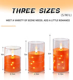 Flashing Flameless Candles with String Light, Battery Powered Candle, Recessed String LED Candle, Indestructible Plexiglass Candles with Remote Control, Set of 3, Orange