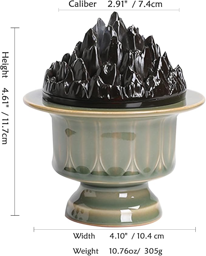 Ceramic Incense Burner with Lid of Mountain Shape,Incense Cone Holder for Coil Incense and Powder Incense,Mediation Gift,Room Decor(Celadon)