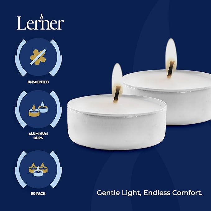 Lerner Tealight Candles, 50 Count | 6 Hour Long-Burning White Tea Lights | Non-Toxic, Smokeless & Soot-Free