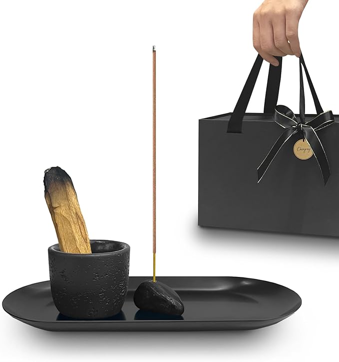 Incense Holder for Sticks, Handmade Sage and Palo Santo Holder, Sage Smudge Burner, Palo Santo Sticks Holder, Ash Catcher Tray, Yoga Meditation (Black)