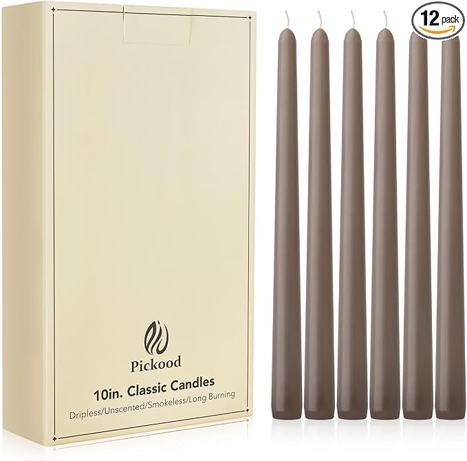 New Burning Formula Unscented Dripless 10-Inch Taper Candles Set of 12 - Taupe, for Wedding, Dinner - Smokeless, Long Burning - Hand Poured, Colored Tall Candlesticks - Topo