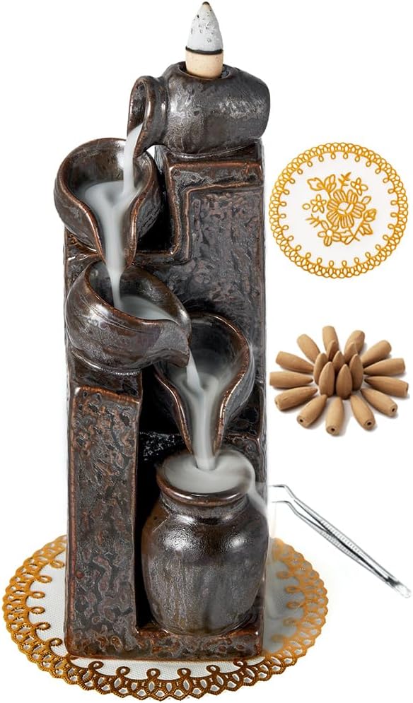 Unique Cascading Basins Ceramic Waterfall Incense Holder, Paired with a Pack of Backflow Incense Cones. (Metallic)