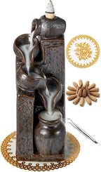Unique Cascading Basins Ceramic Waterfall Incense Holder, Paired with a Pack of Backflow Incense Cones. (Metallic)