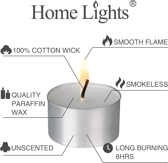 HomeLights Unscented White Tealight Candles -300 Packs, 6 to 7 Hour Burn Time Smokeless, Mini Votive Paraffin Candles with Cotton Wicks for Shabbat, Weddings, Christmas