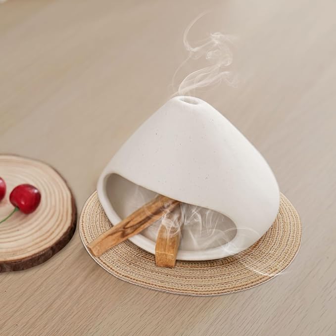 Yawlsow Palo Santo Holder Burner, Charcoal Bakhoor Incense Burner,Smudge Bowl,Sage Holder,Ash Catcher for Meditation Zen Decor (White+Mat)