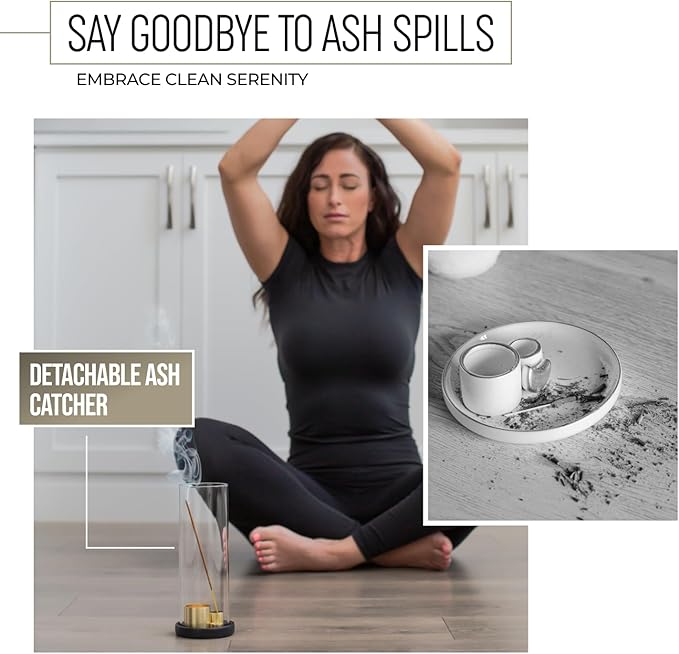 4 in 1 Ceramic Incense Burner with Glass Ash Catcher, Incense Holder for Sticks, Palo Santo, Sage and Cones - Ceramic Ash Catcher Tray for Meditation Yoga Room Home Decor - Black