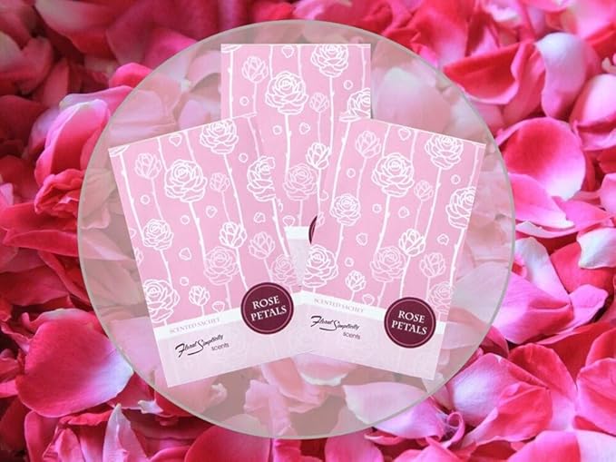 Rose Petals Scented Sachets Pack of 3, Spring and Summer - Long-Lasting Scented Bags, Home Fragrance, Air Freshener & Deodorizer for Closet, Room, Drawer, or Cars, Made in USA