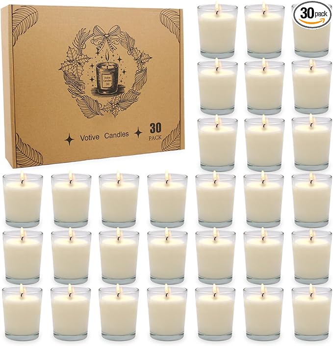 30 Packs Unscented White Votive Candles in Glass, Small Soy Wax Votives for Wedding Party Dinner Table, 1.7" W x 2" H