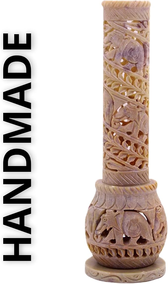 Carry Me Hand Carved Soapstone Incense Stick Holder | Candle Burner | Tea Light Stand. Elephant Jaali Carving Bottle Shape. Decorative Home and Kitchen Decor - (3x3x10.5 Inches)