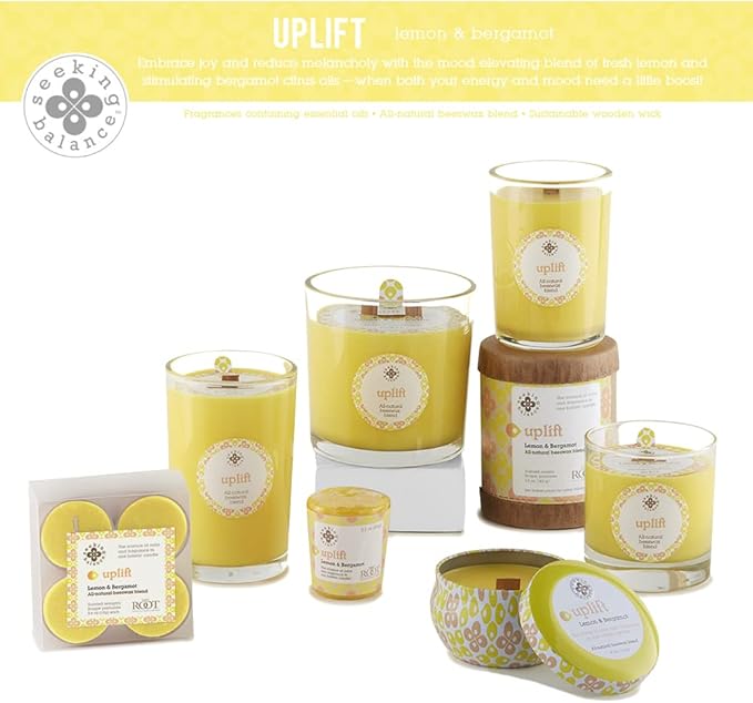 Root Candles Seeking Balance Wood Wick Spa Candle Aromatherapy Candles, 12-Ounce, Uplift: Lemon & Bergamot