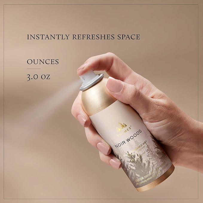 Thymes Home Fragrance Mist – Room Air Fresheners for Home Long Lasting – Air Freshener Spray – Scented Room Spray with Notes of Fresh Evergreen, Smoky Wood & Amber (Noir Woods, 3 oz)