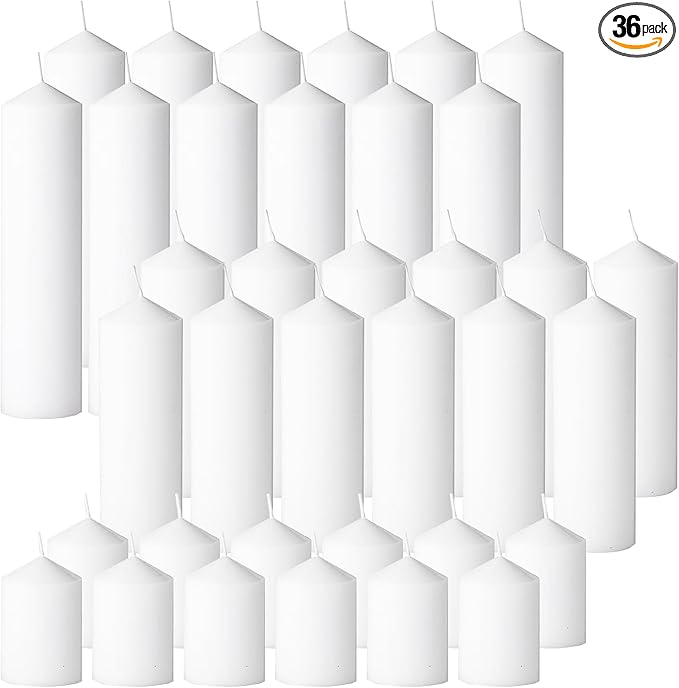 36 Pcs White Pillar Candles Bulk Set，Hurricane Candles，3 Different Lengths (12 Each)，Dripless Unscented Smokeless，Gives You a Better Atmosphere When Organizing an Event Party.