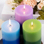 KONNI Green Layered Pillar Candles Set of 3, 3"x 4" Unscented Pillar Candles Bulk, 39 Hours Long Burning Candles, Smokeless&Dripless Large Round Candle for Wedding, Home Decoration, Parties, Dinner