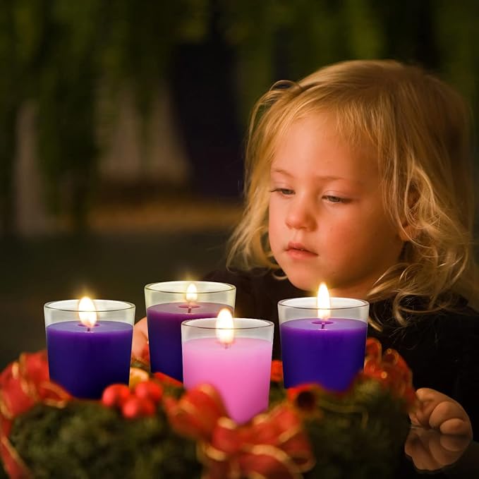 12 Packs Advent Candles with Clear Glass Holder, 9 Purple and 3 Pink Votive Candles, Unscented Seasonal Celebration Candles for Christmas Table Decoration, 1.8oz, KFUS-12VOT-ZIFEN