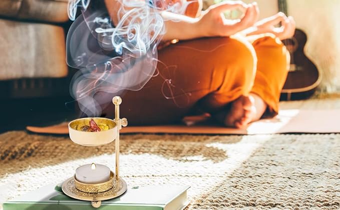 Handmade Gold Brass Incense Burner/Incense Censer with Sieve – Adjustable Height 4.33 Inch Adjustable Incense Heater for Aromatherapy with Tea Light Included