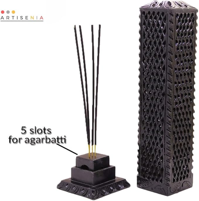 Handmade Black Soapstone Incense Stick Tower Holder | Marble Incense Stick Tower Burner Holder Spa Aromatherapy Home Office Fragrance Accessories Home Office Decor - (11 X 3 Inches)
