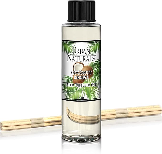 Urban Naturals Coconut Breeze Scented Oil Reed Diffuser Refill | Includes a Free Set of Reed Sticks! Warm Coconut, Pineapple and Tahitian Vanilla – 4 oz. Made in The USA