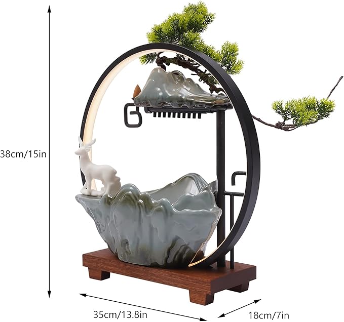 Backflow Incense Holder with Water Fountains and LED Light, Rockery, Deer and Plants Perfect for Relaxing or Home Decor (Deer witn Rockery)