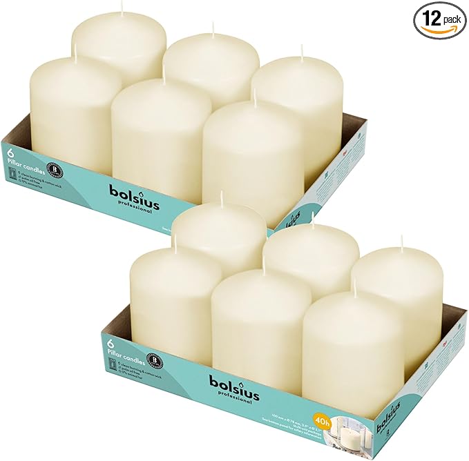 BOLSIUS 12 Ivory Pillar Candles Bulk - 3x4 Inches Candle Set - 40+ Hours Clean Burning - No Palm Oil - 0% Animal Fat - Premium European Quality - Unscented Dripless Home Decor Pillars