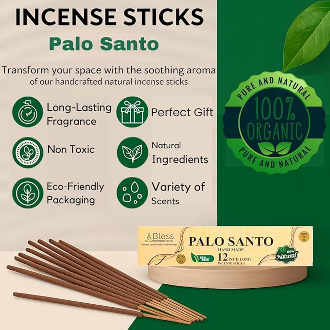 Bless-International-Palo-Santo 100%-Natural-Handmade-Incense-Sticks Organic-Chemicals-Free-for-Relaxation-Positivity-Yoga-Meditation 12-Inches-1-Hour-Plus-Burning-Time-75-Sticks-7-OZ