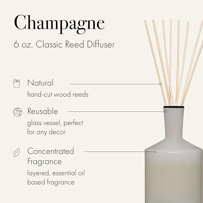 LAFCO New York Classic Reed Diffuser, Champagne - 6 oz, Pack of 2 - Up to 3 Months Fragrance Life - Reusable, Hand Blown Glass Vessel - Natural Wood Reeds - Made in The USA