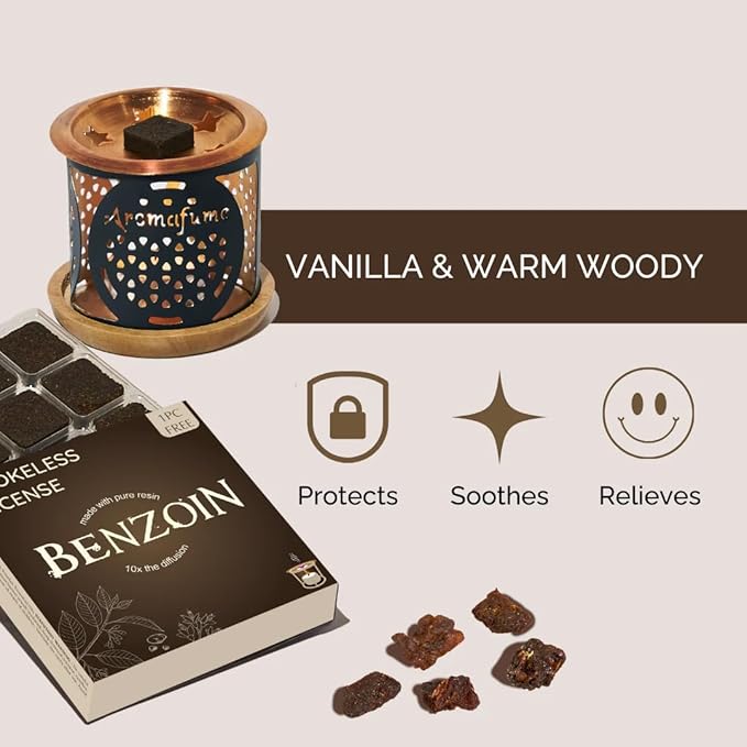 Benzoin Incense Bricks & Flower of Life Exotic Incense Burner by Aromafume | 2 Trays x 9 Bricks | Styrax Extract, Native to Indonesia | Ideal for Prayer & Meditation | Low-Smoke & Non-Toxic