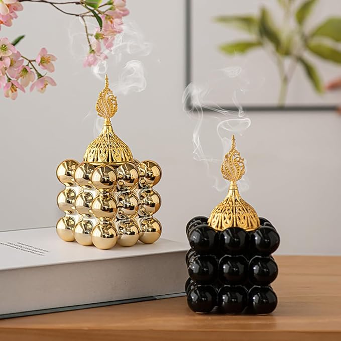 Ceramic Cube Golden Incense Burner Handheld Eid Incense Burner Middle East Arabian Festival Incense Holder Home Decoration Ornament Aromatherapy Furnace (Black)