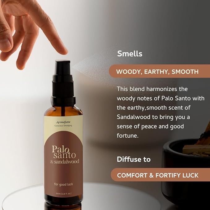Palo Santo & Sandalwood Smudge Spray by Aromafume | 1 x 100ml / 3.38 fl oz l Aromatherapy | With Essential oils | Room Linen Spray | Natural Air freshners for home | Spiritual Meditation Accessories