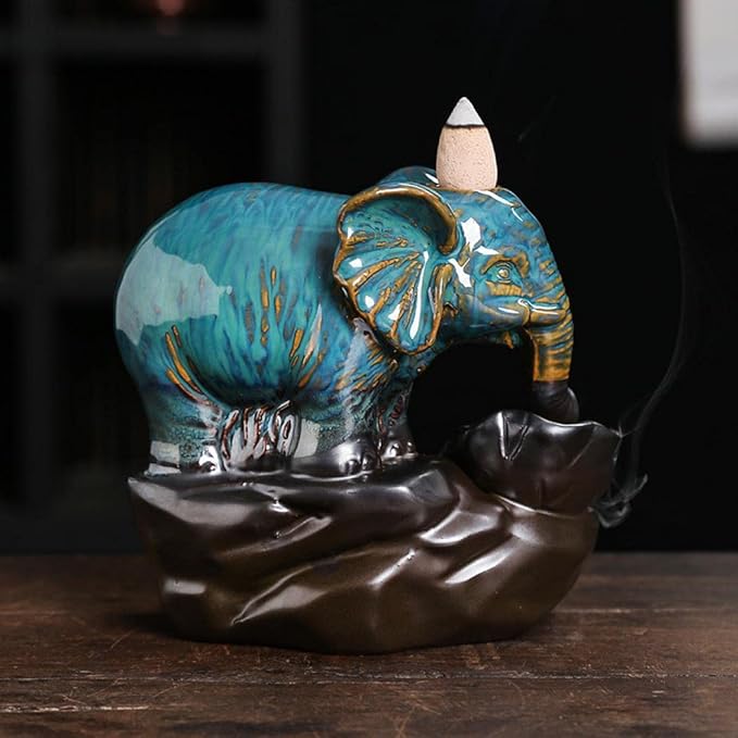 Comeon Backflow Incense Burner Elephant Incense Holder Handmade Ceramic Incense Waterfall Burner Censer + 20 Backflow Incense Cones 30 Incense Sticks 1 Tweezer 1 Mat for Meditaion Home Decor